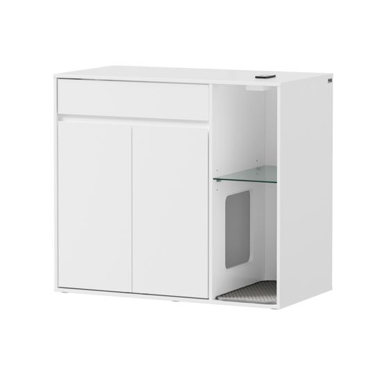 Kattekasse-skab med skjult bakke og LED-lys, hvid, 85x45x75 cm, HAT08-E-W
