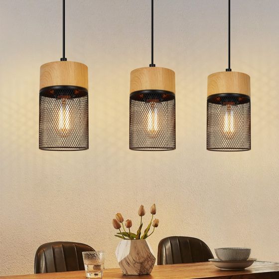 NETTLIFE Vintage - pendellampe, træmønster, spisebord, sort, industriel, E27, 25 W, pendellampe