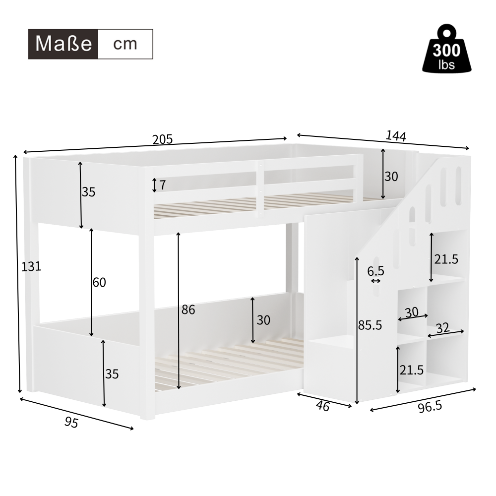Køjeseng 90x200 cm Dobbeltseng Multifunktionel Børneseng Med Trappe, Skabe Og Gelænder Hvid Uden Madras