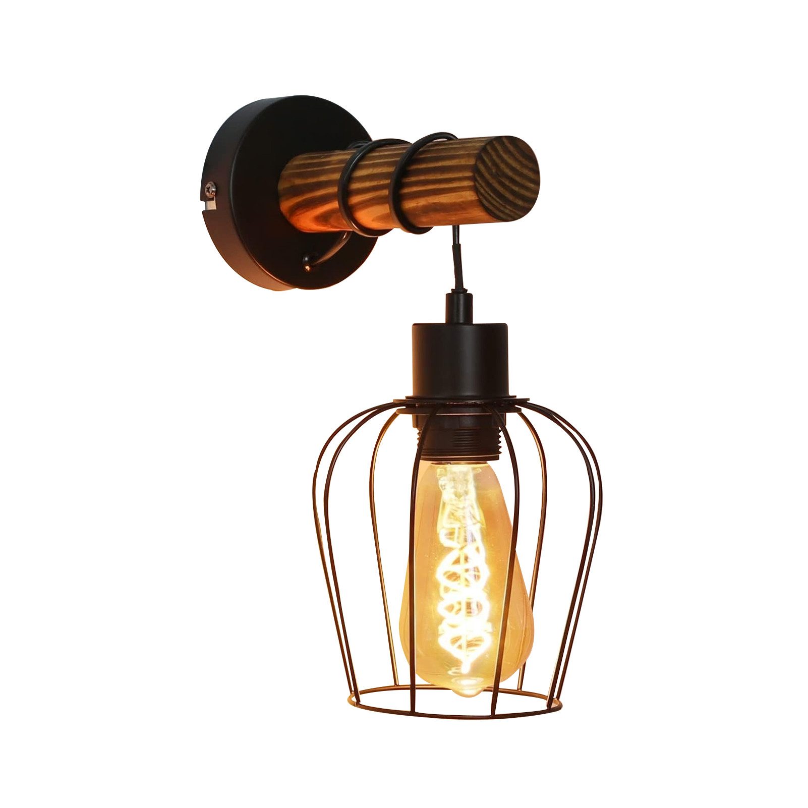 NETTLIFE Vintage Retro Træ Indendørs Væglampe med Afbryder Industristil E27 Sort Vægspotlight Metal
