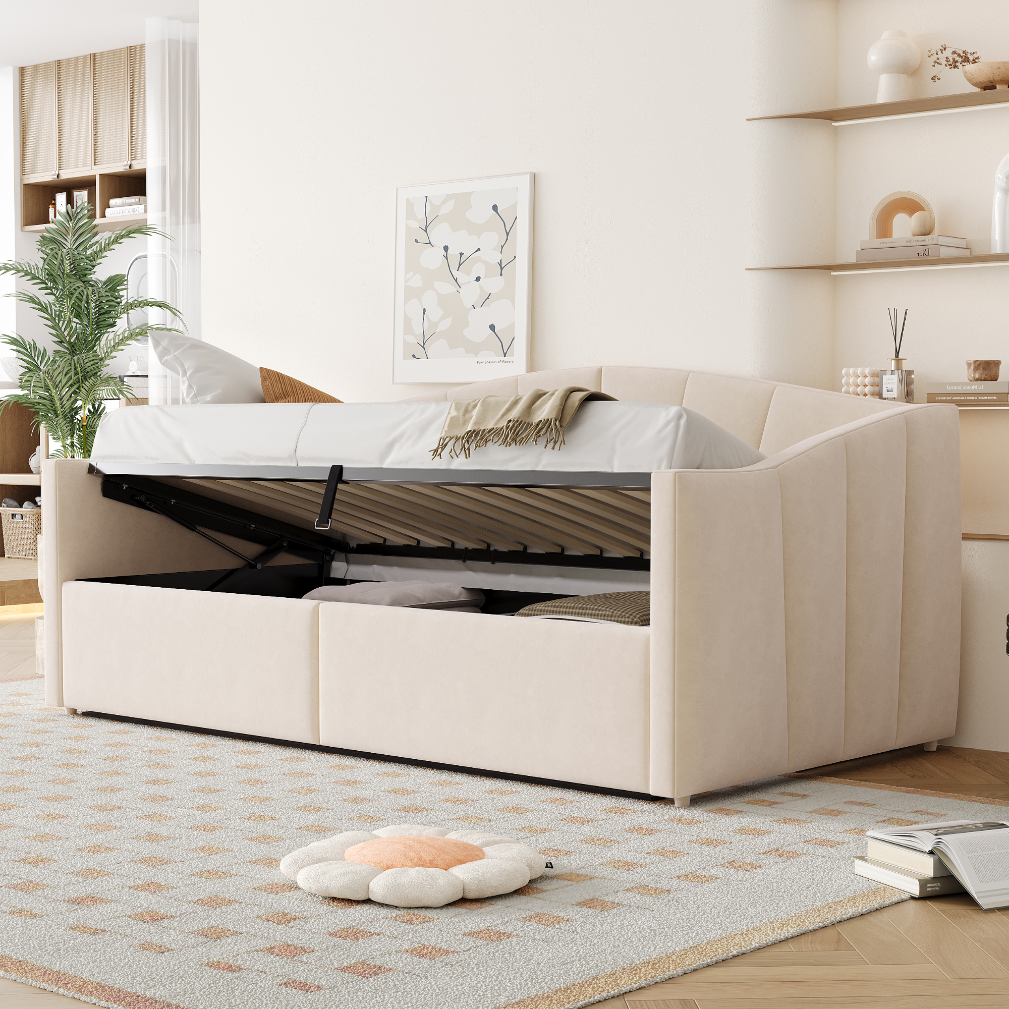 seng 90x200 cm beige upholstered metal mdf med hydraulisk opbevaring og lattenrost