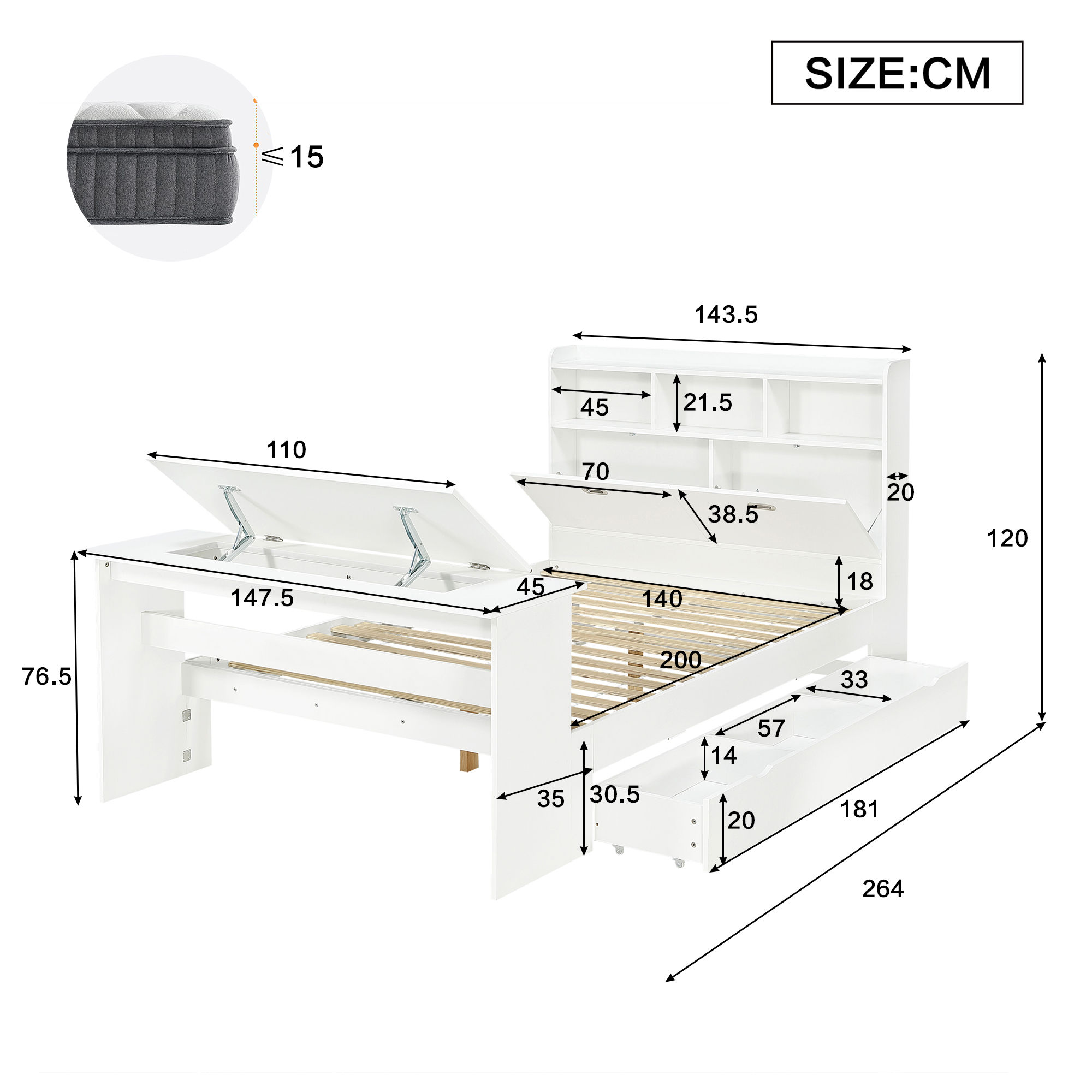 seng med opbevaring 140x200 cm hvid i træ justerbar klapptisk og skuffer