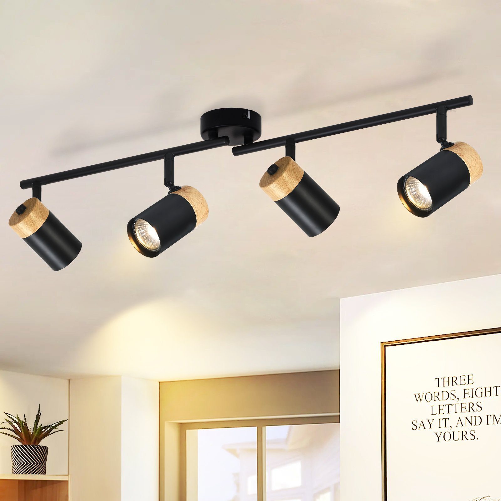 NETTLIFE Loftlampe med 4 træspotlights GU10 sort, justerbar 330°, til stue, soveværelse, køkken, børneværelse, uden pære