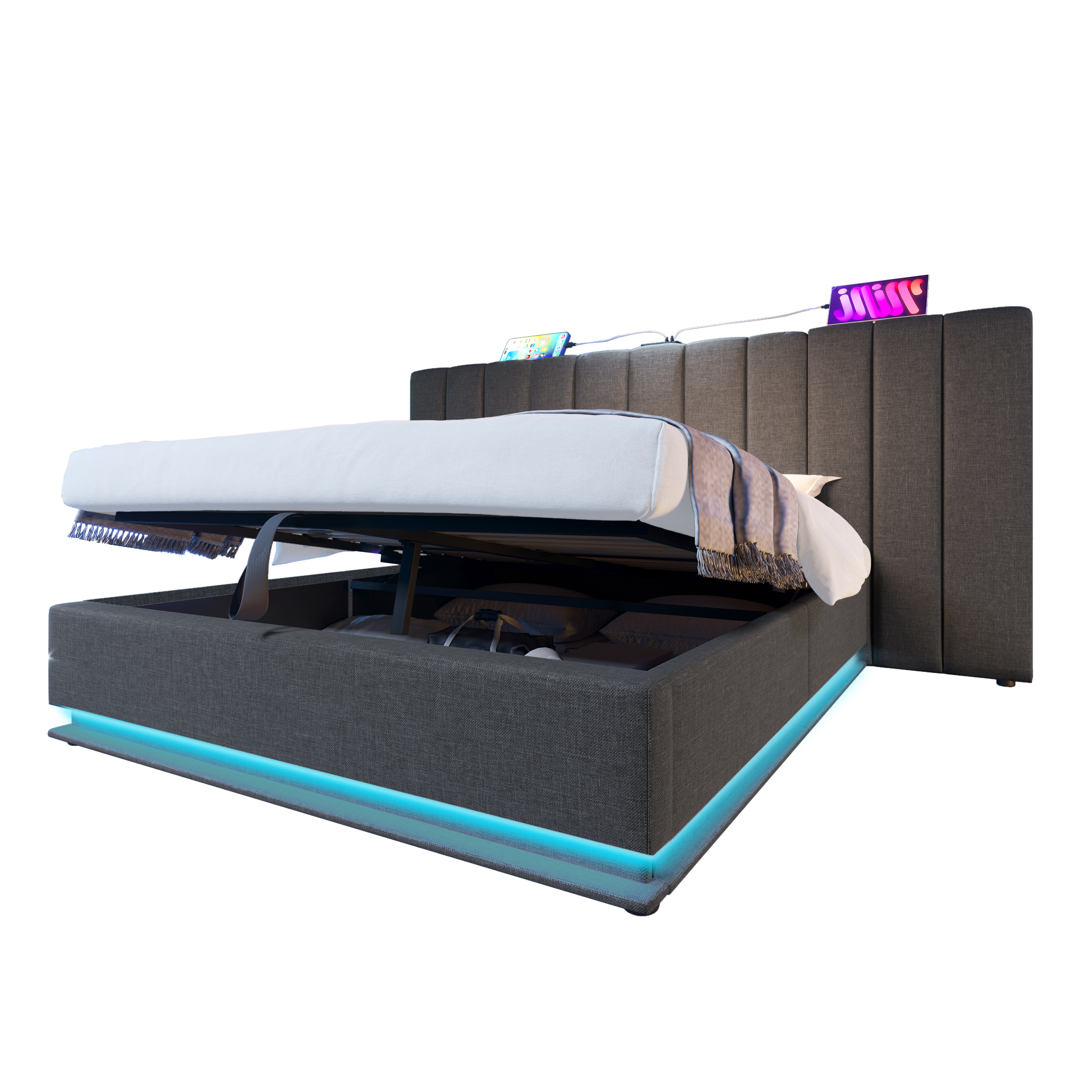seng 160x200 cm graa i lejet stof med usb-c opladning og led-belysning