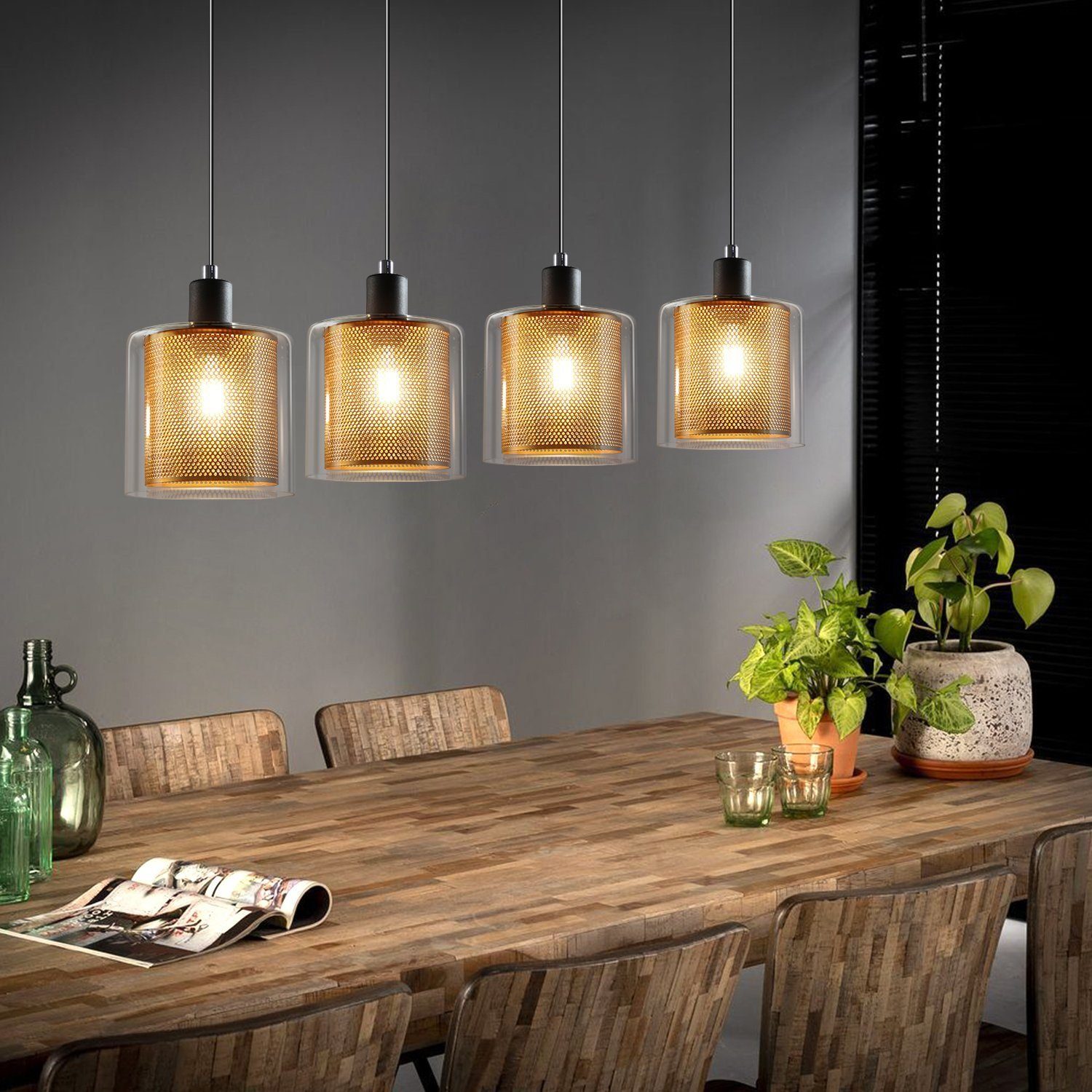NETTLIFE Guld pendellampe til stue, vintage stil, 3 E14 pærer, industrielt glas, JUSTERBAR HØJDE
