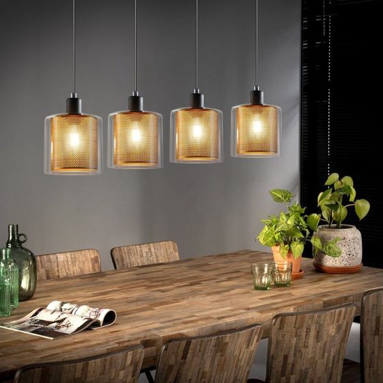 NETTLIFE Guld pendellampe til stue, vintage stil, 3 E14 pærer, industrielt glas, JUSTERBAR HØJDE