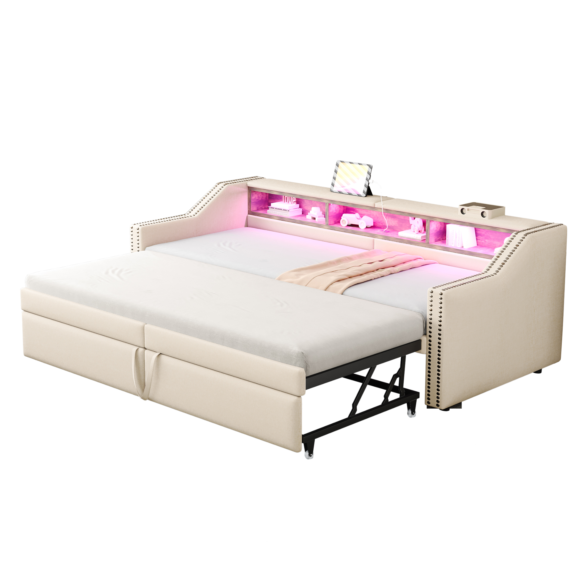 seng udtrækkelig 90x200 cm beige linned med opbevaringsplads LED-belysning og USB-stik