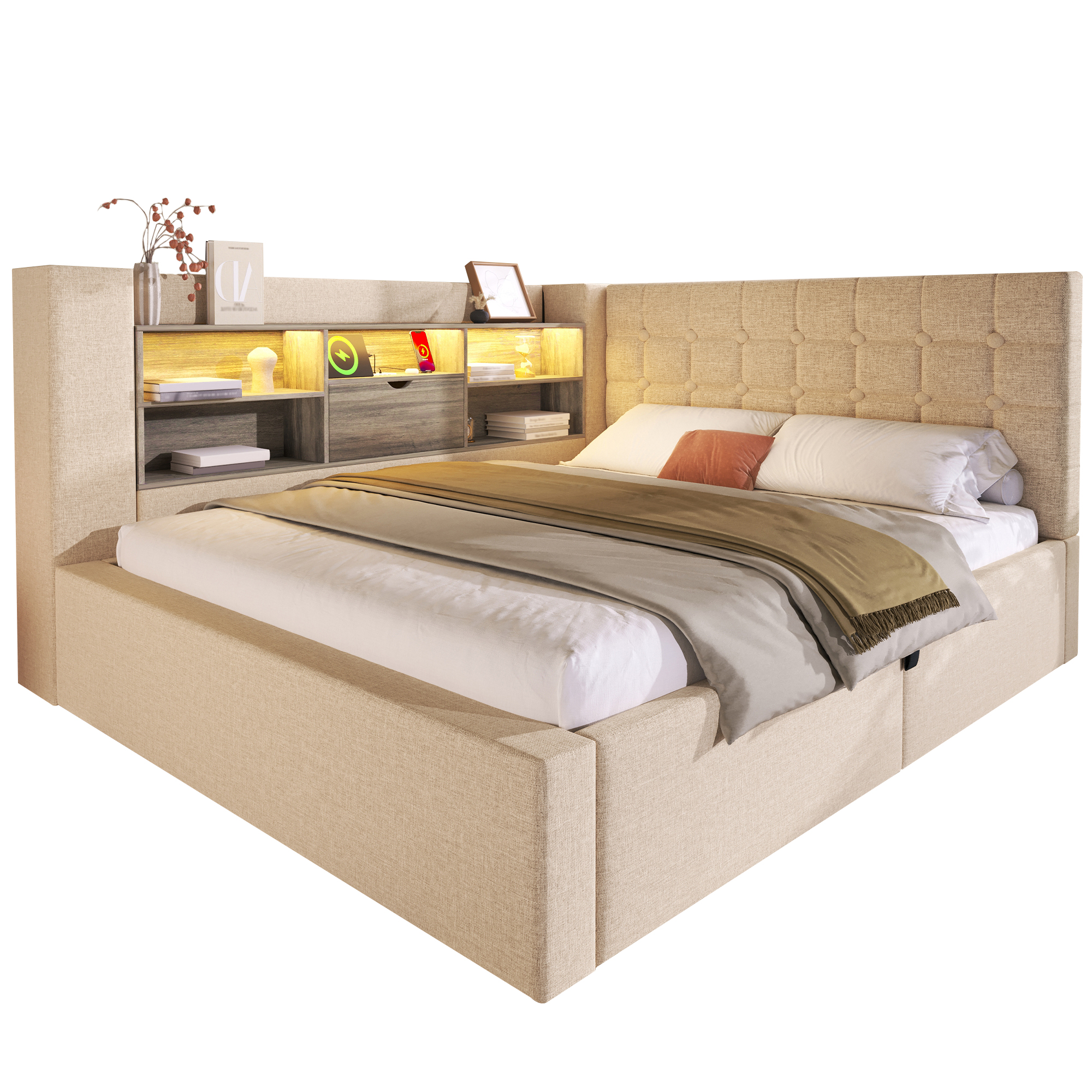 seng 140x200 cm beige i leinen med LED-belysning og hydraulisk opbevaring
