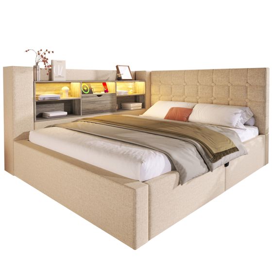seng 140x200 cm beige i leinen med LED-belysning og hydraulisk opbevaring