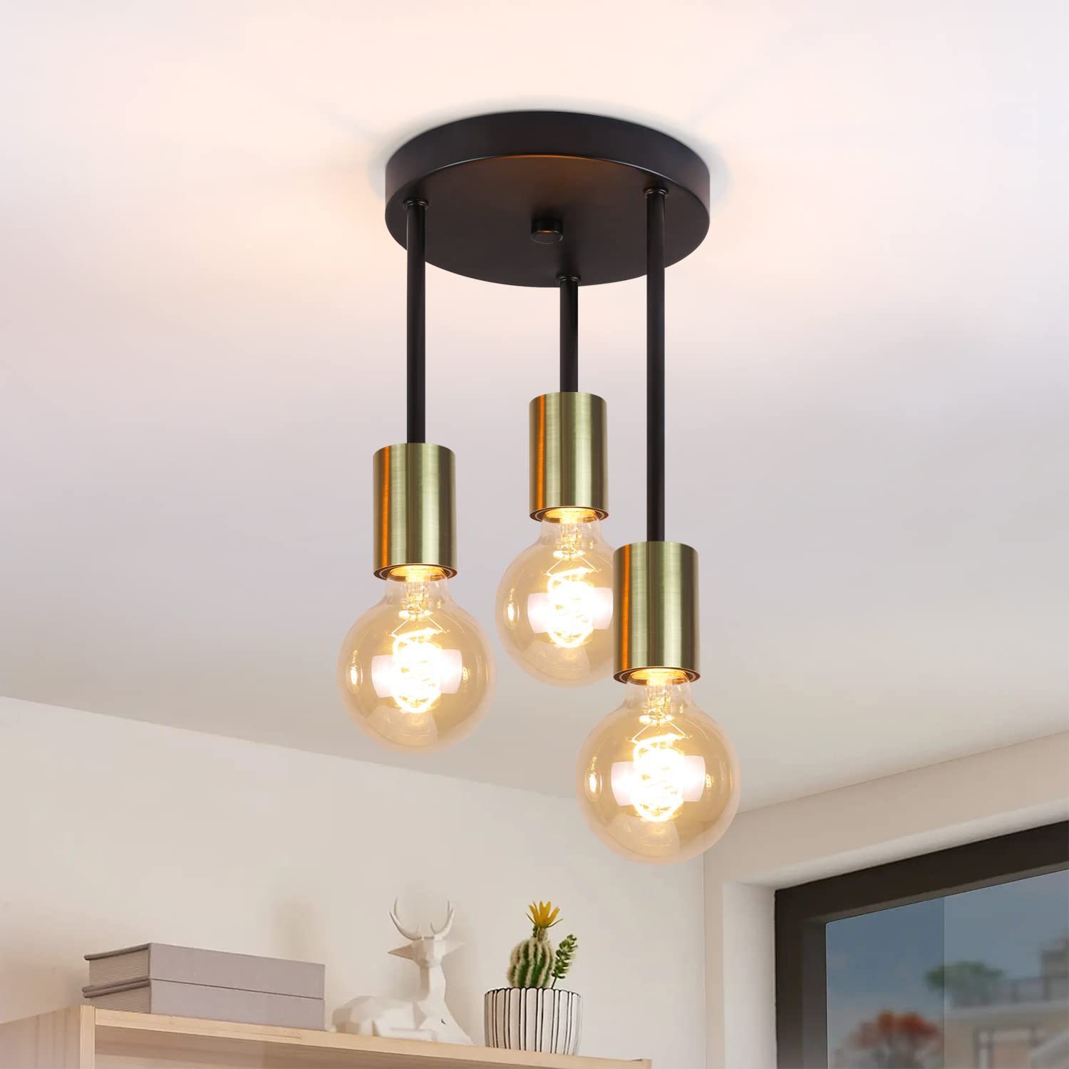 NETTLIFE - loftslampe, 3 point,, E27Vintage - stil, sort og guld, pendellampe, med moderne, industriel stilLysekrone, maks. 25w