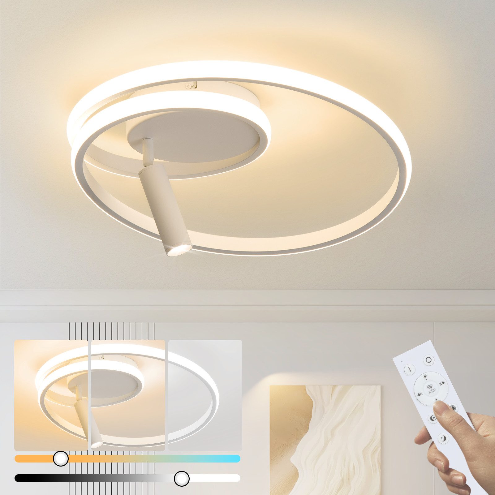 NETTLIFE dæmpbar, LED loftlampe, 40 cm, moderne, design, 37 W Med spotlight, til soveværelse, stue Hvid