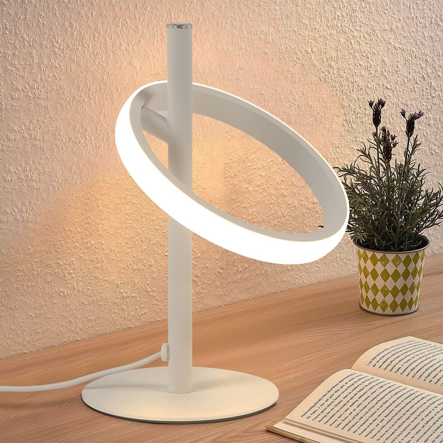NETTLIFE moderne LED bordlampe - hvid, ringformet sengelampe, roterende aftagelig, ringe 13W, 3000K varm hvid