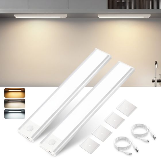 NETTLIFE 2 x LED-underskabslampe med bevægelsessensor, USB-genopladelig, 1500 mAh, ideel til garderobe, entré eller skab