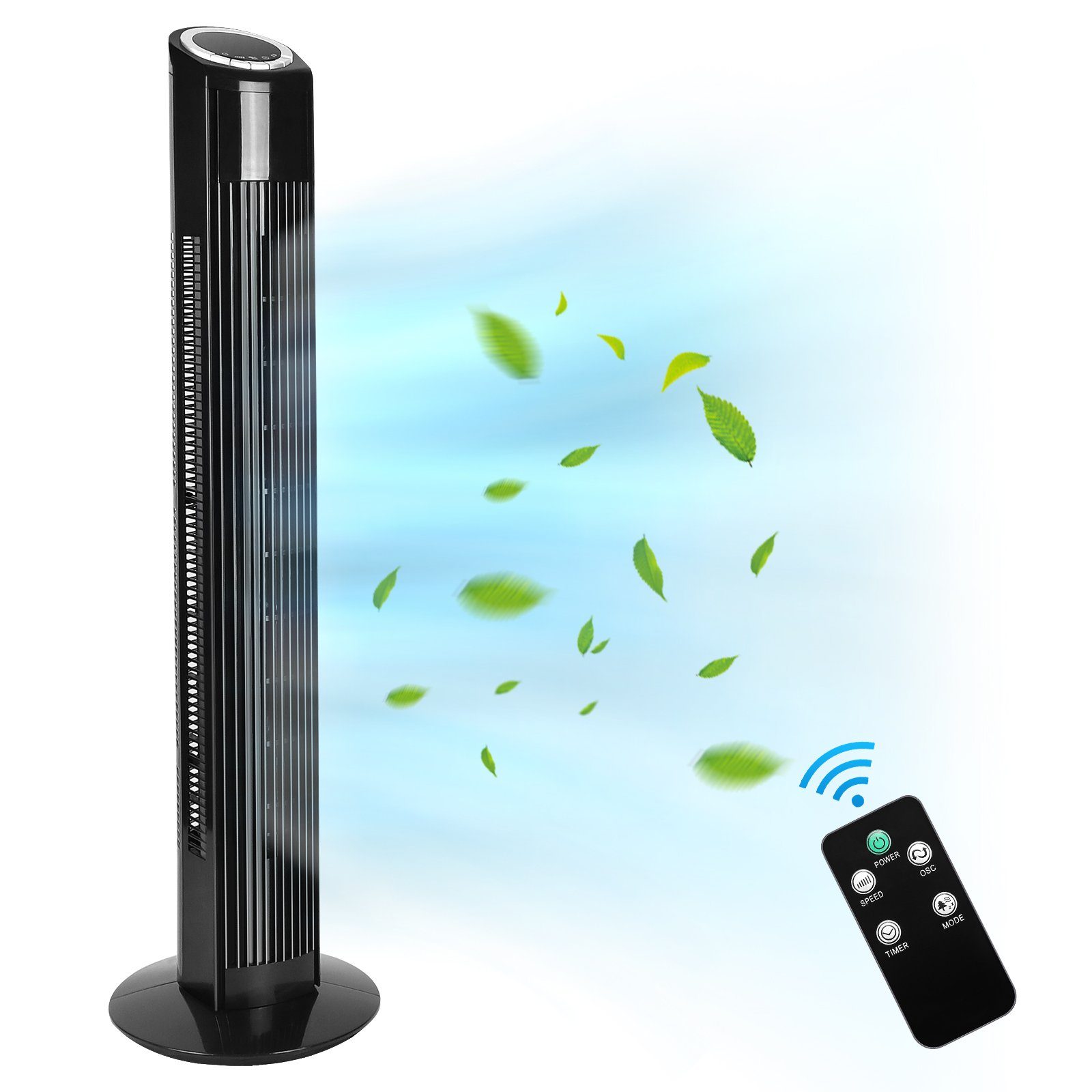 NETTLIFE stille gulvventilator, 90° oscillation med fjernbetjening, højde 98,5 cm, sort, 3 hastigheder, 12 timer, timer og LED-display