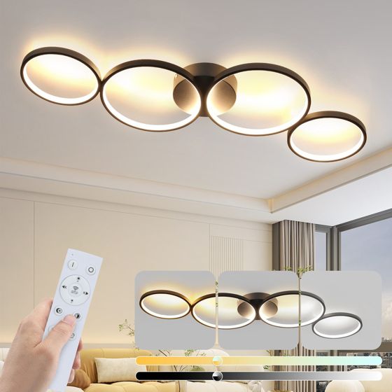 NETTLIFE dæmpbar LED loftlampe 100 cm 4 ringe moderne 56 W sort loftlampe med fjernbetjening