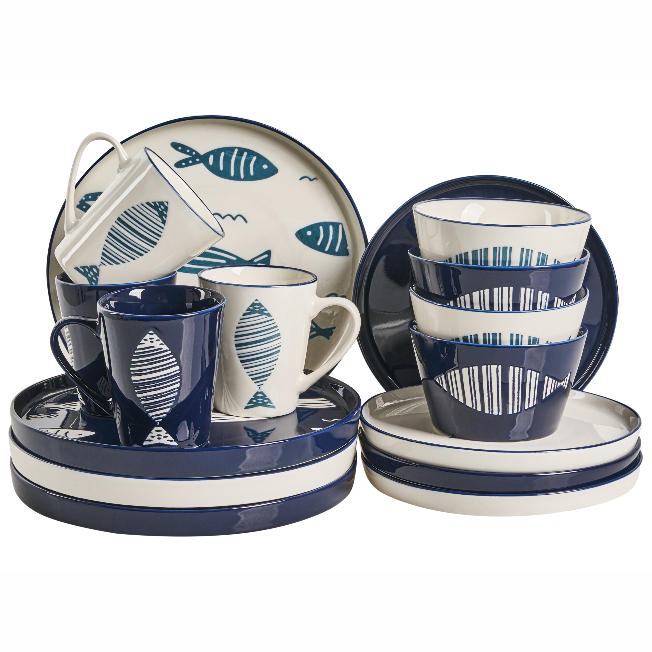 Sæt med 16 stykker spisestel TAMARIND Porcelæn Hvid/blå