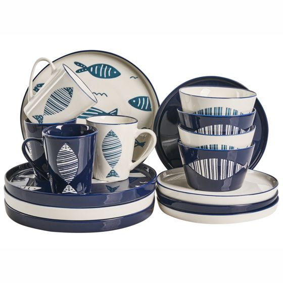 Sæt med 16 stykker spisestel TAMARIND Porcelæn Hvid/blå