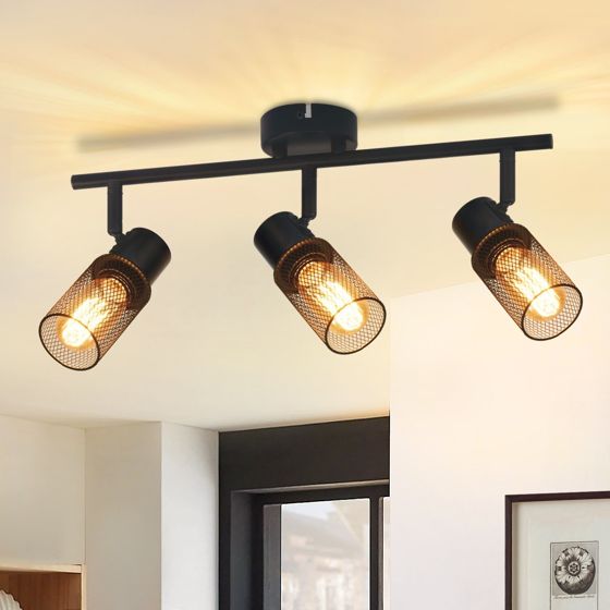 NETTLIFE Loftlampe, 3-punkts, sort, vintage-stil, E27, drejelig, 330°, metalskærm maks. 25 W, uden pære.