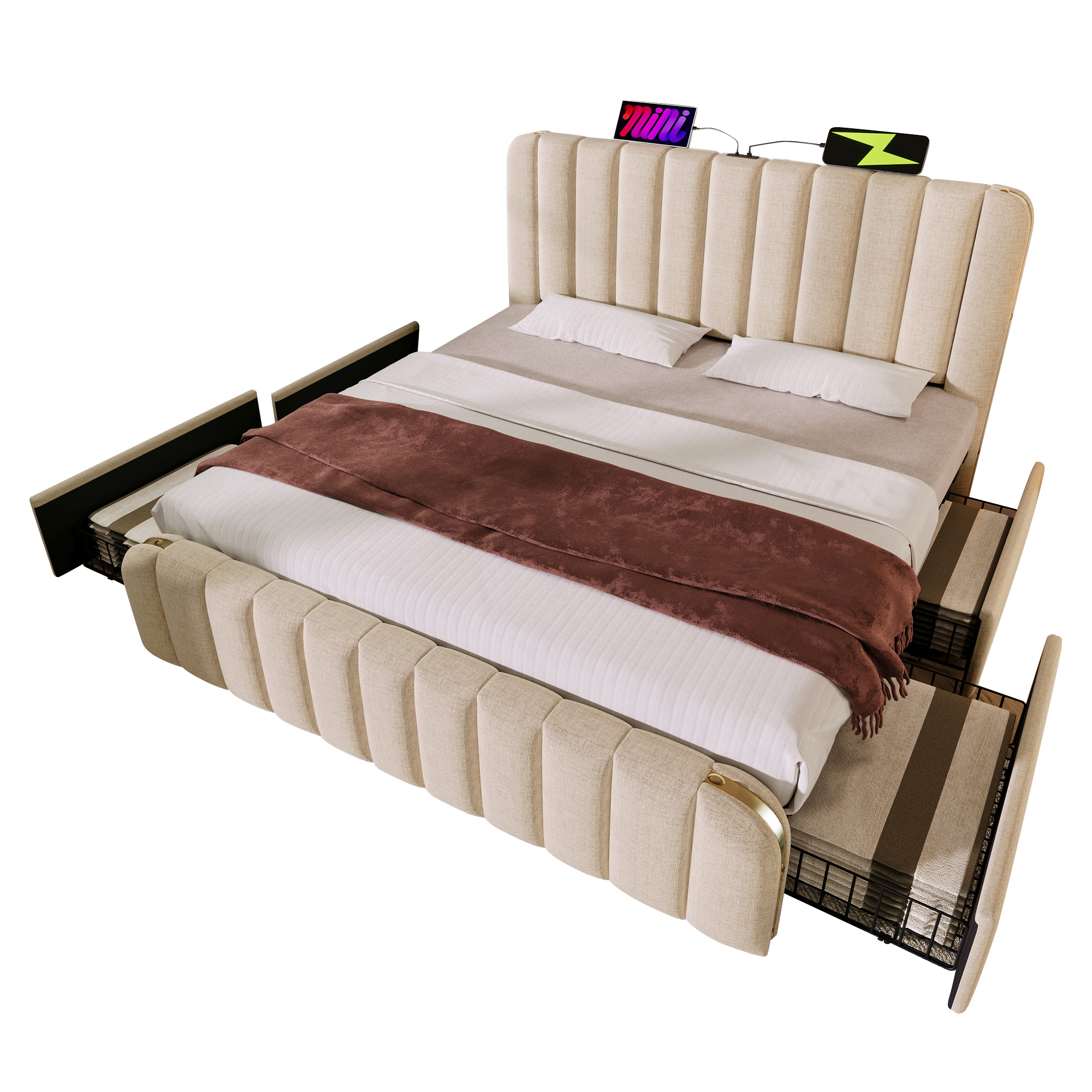 seng 160x200 cm beige i lien med 4 skuffer og usb typ-c ladefunktion