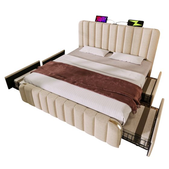 seng 160x200 cm beige i lien med 4 skuffer og usb typ-c ladefunktion