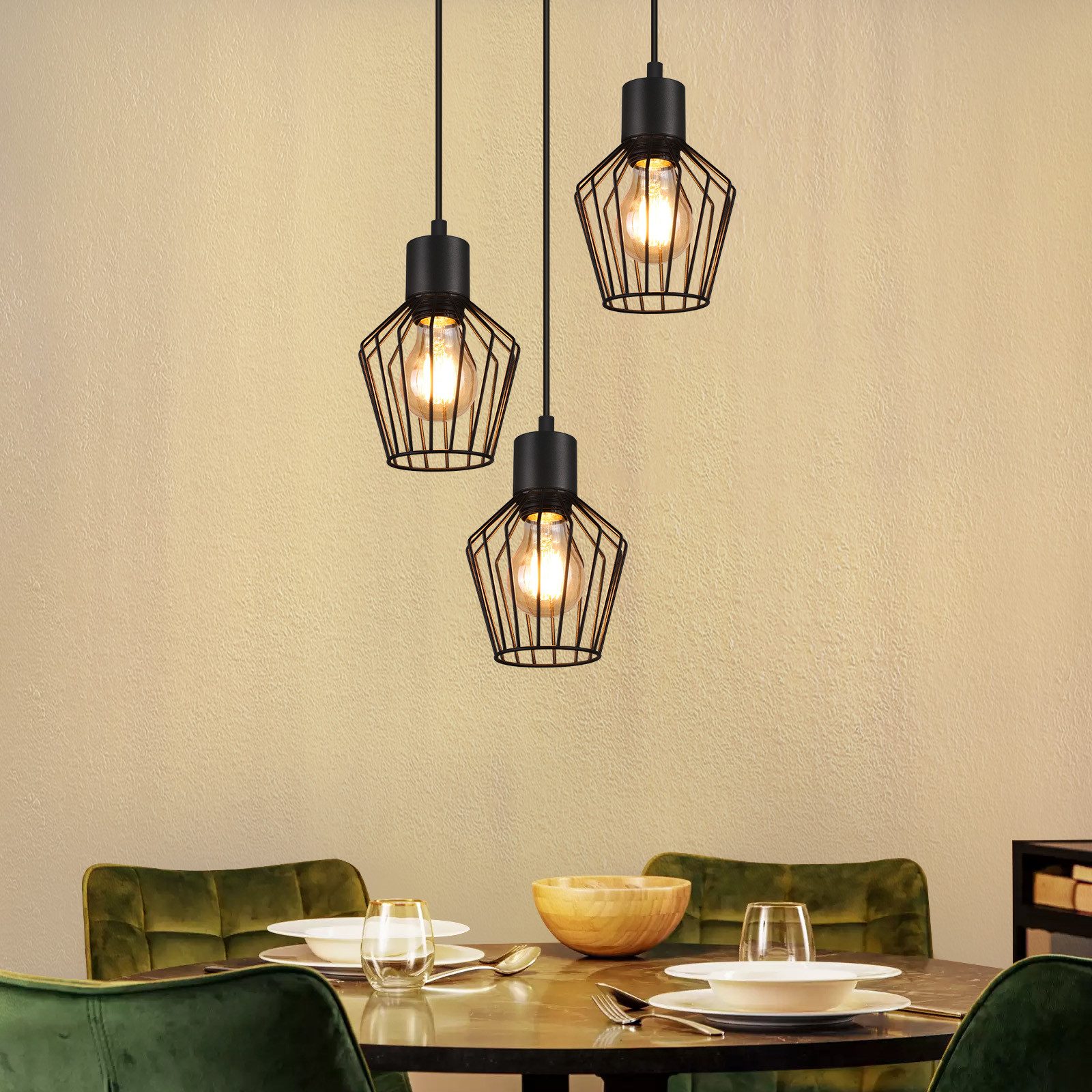 NETTLIFE Pendellampe, 3 lyskilder, rund, sort, LED, E27, metal, retro