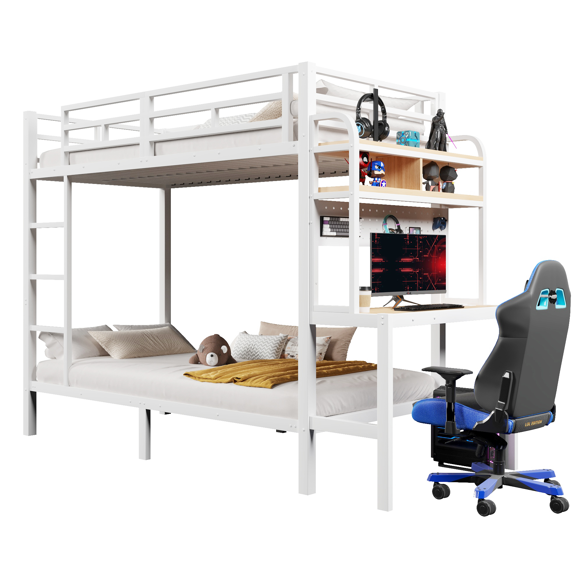 køjeseng 90x200 cm hvid metal med sikkerhedsskinner led-belysning usb-anslutning og skrivebord