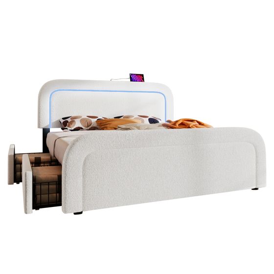 seng 160x200 cm hvid i sherpa med 4 skuffer, justerbar hoveddel og usb type c ladefunktion