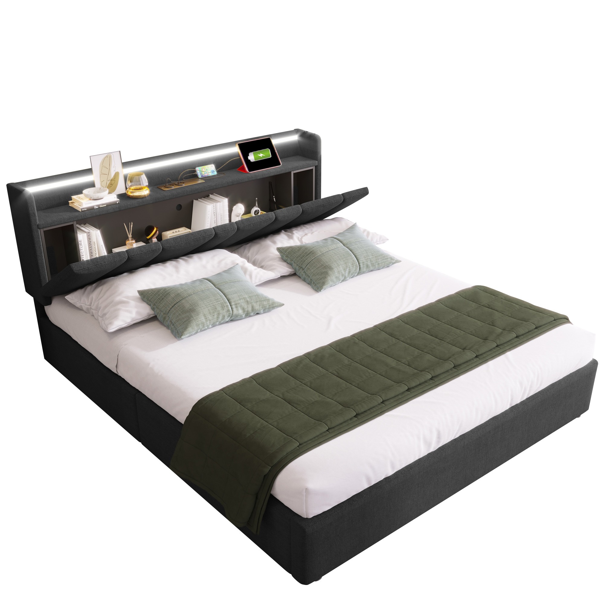 seng 140x200 cm grå i linen med USB-ladefunktion, stauraum-kopfteil og LED-belysning
