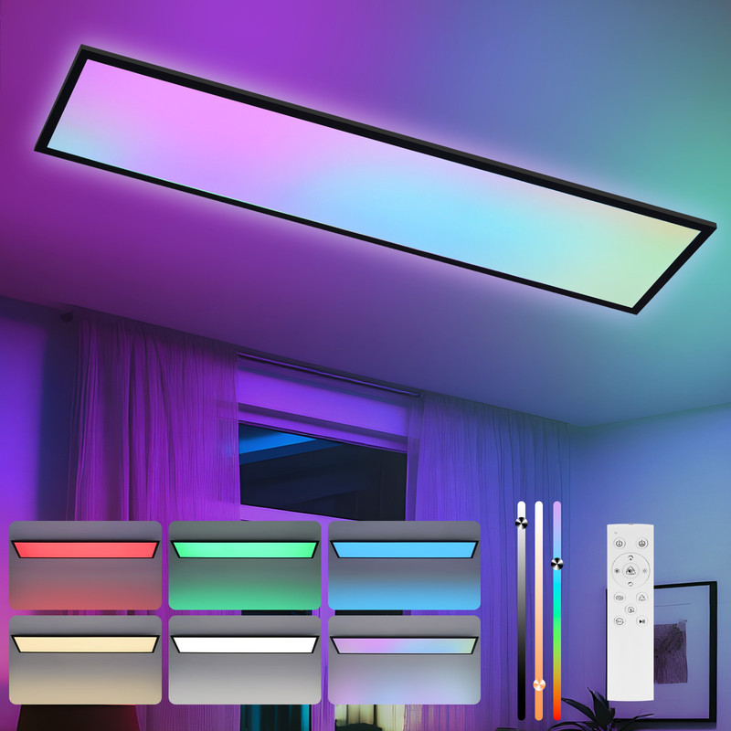 NETTLIFE LED-panel 120 x 30 cm, dæmpbar, langt RGB farveskiftende loftpanel med fjernbetjening 39W, sort