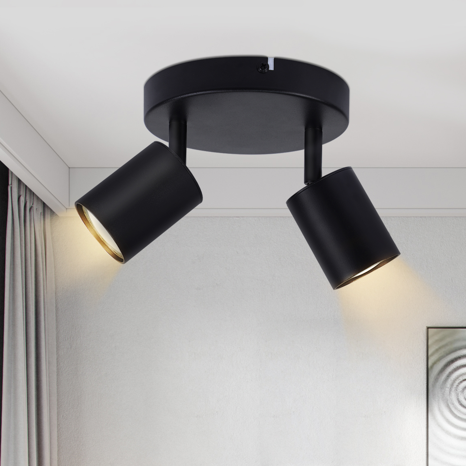 NETTLIFE LED loftspotlight, 2 lys, sort, GU10, 330° justerbar, rund, moderne loftslampe