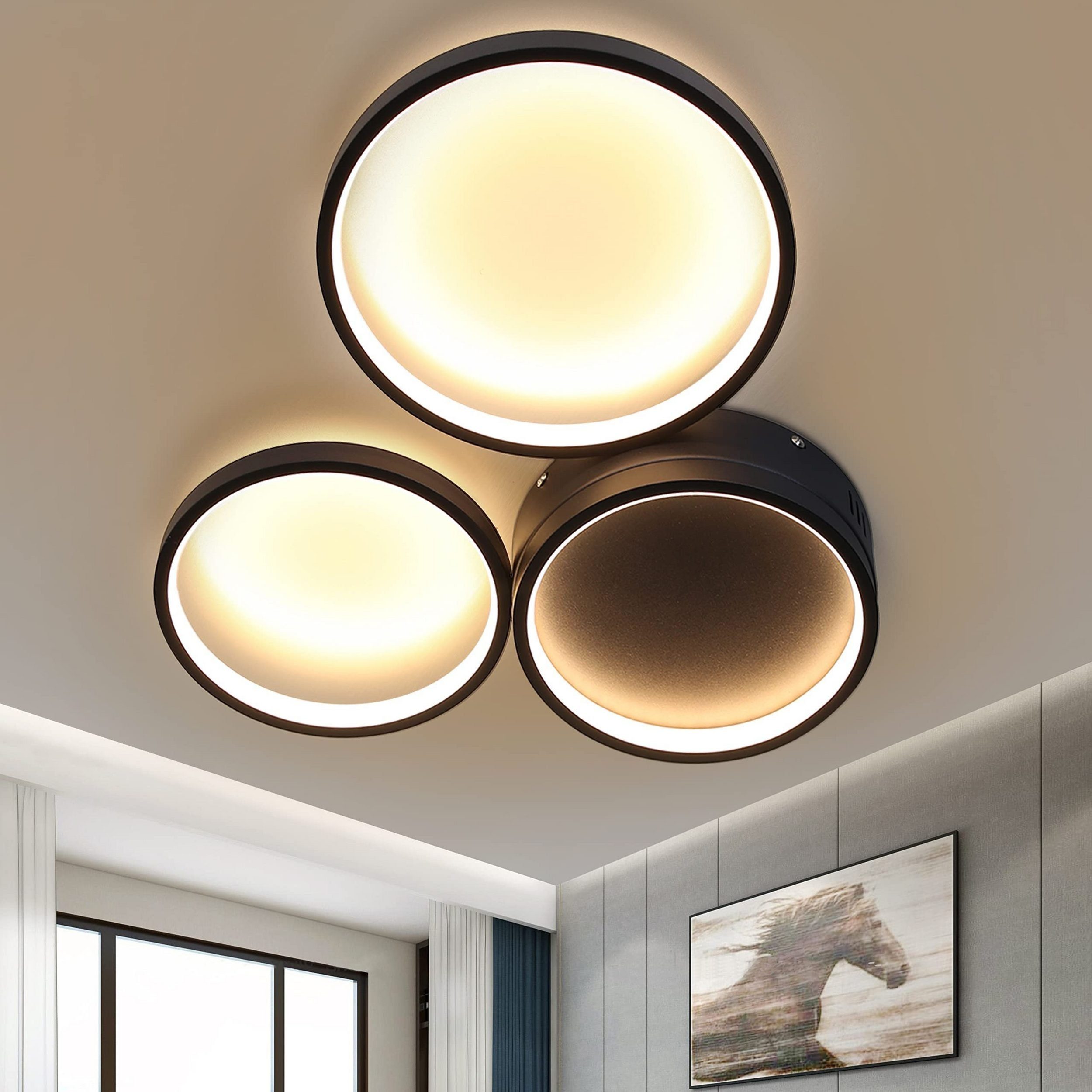 NETTLIFE LED - loftslampe 22 W, soveværelse, sort, varm hvid, 3 ringe, moderne interiør, stue, børneværelse, entré, spisestue