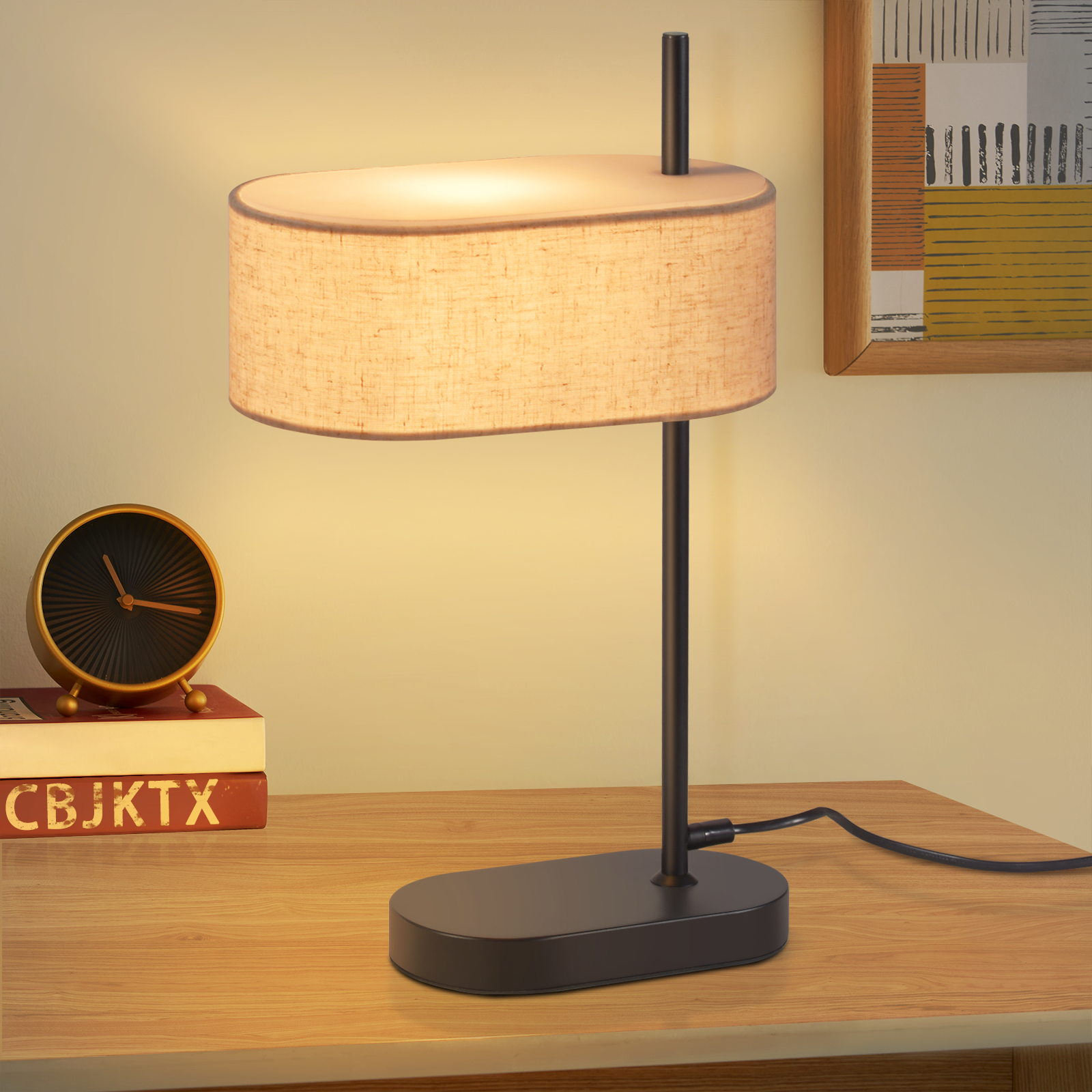 NETTLIFE Natbordslampe, Soveværelse Vintage, Bordlampe - 44,5 cm, E14 Sort, Hør, Retro med Afbryder
