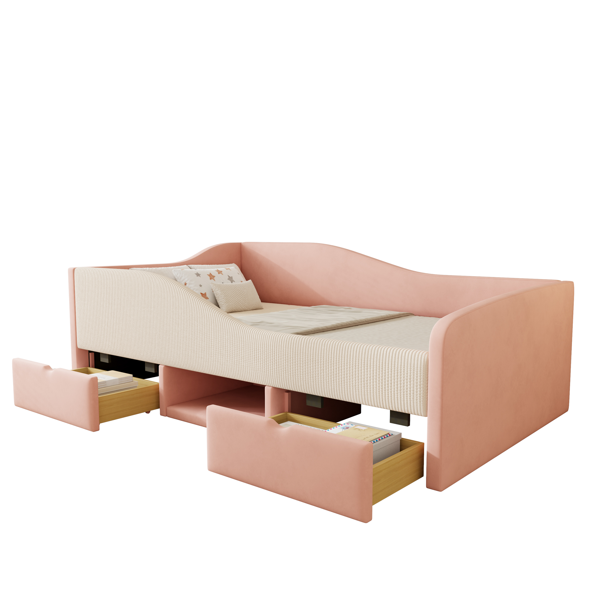 seng 90x190 cm rosa og cremehvid polstret fløjl med skuffer og sikkerhedsskinner