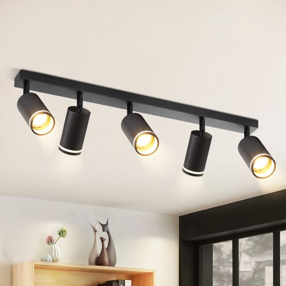 NETTLIFE Moderne loftslampe med 5 spots: Sort GU10 loftslampe, 355° drejelig metallampe til køkken, stue uden pære