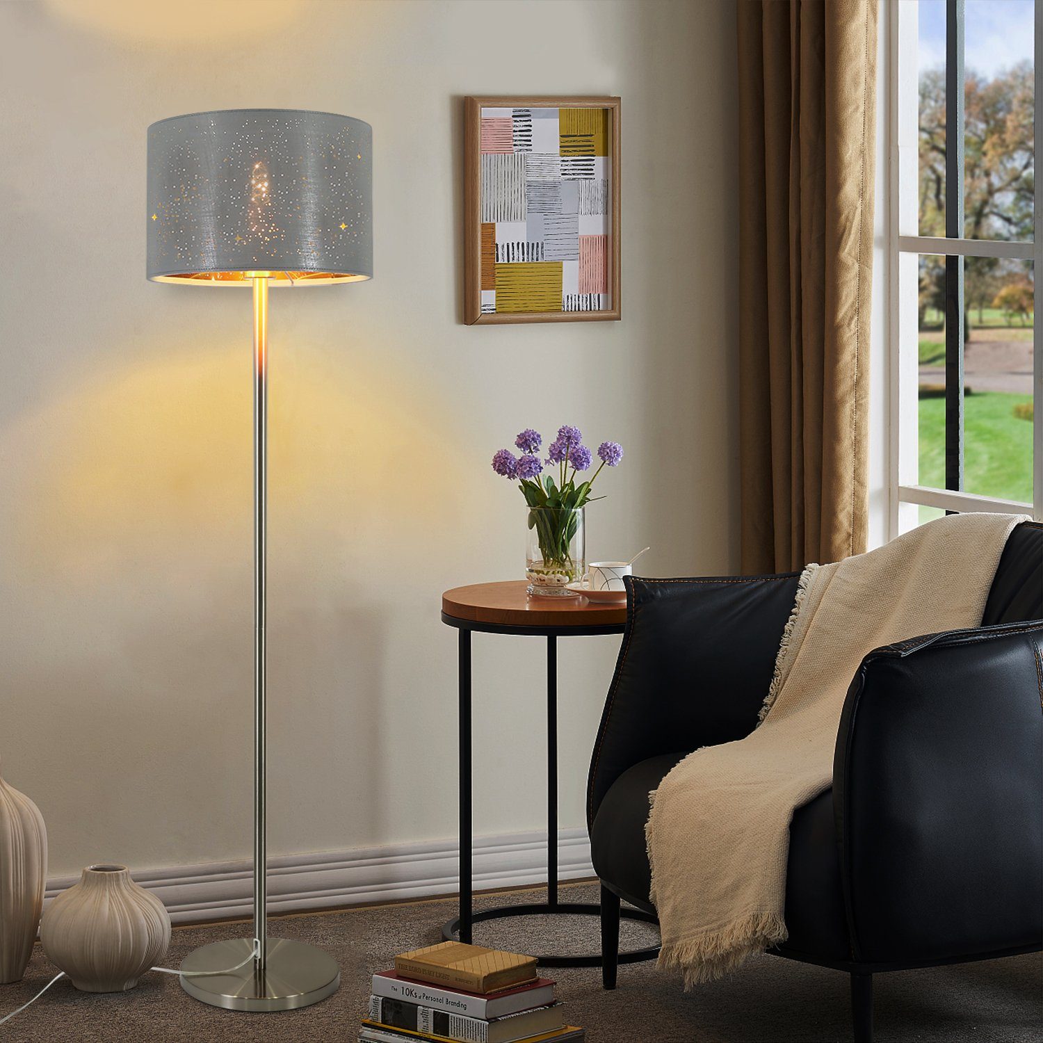 NETTLIFE moderne gulvlampe til stue - gulvlampe med gråguld stofskærm, stjernemønster, 144 cm, E27 fodkontakt og stik