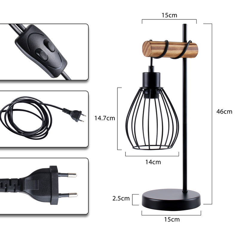 NETTLIFE Bordlampe til stuen vintage bordlampe træ: sort natlampe 1 lys industrielt design metal E27-fatning uden pære