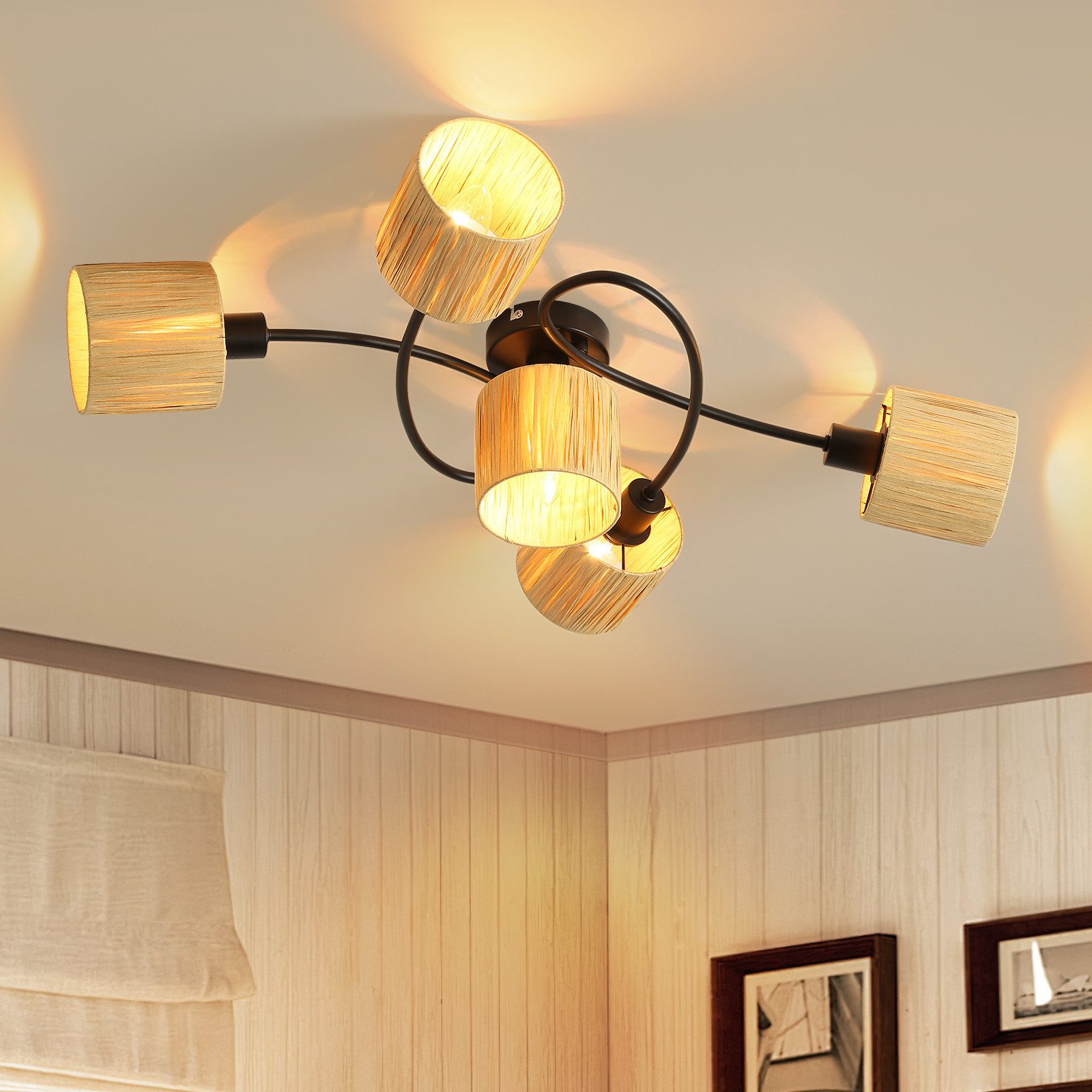NETTLIFE loftspotlight med 5 flammer, E14, natursort loftslampe, papir, til stuen