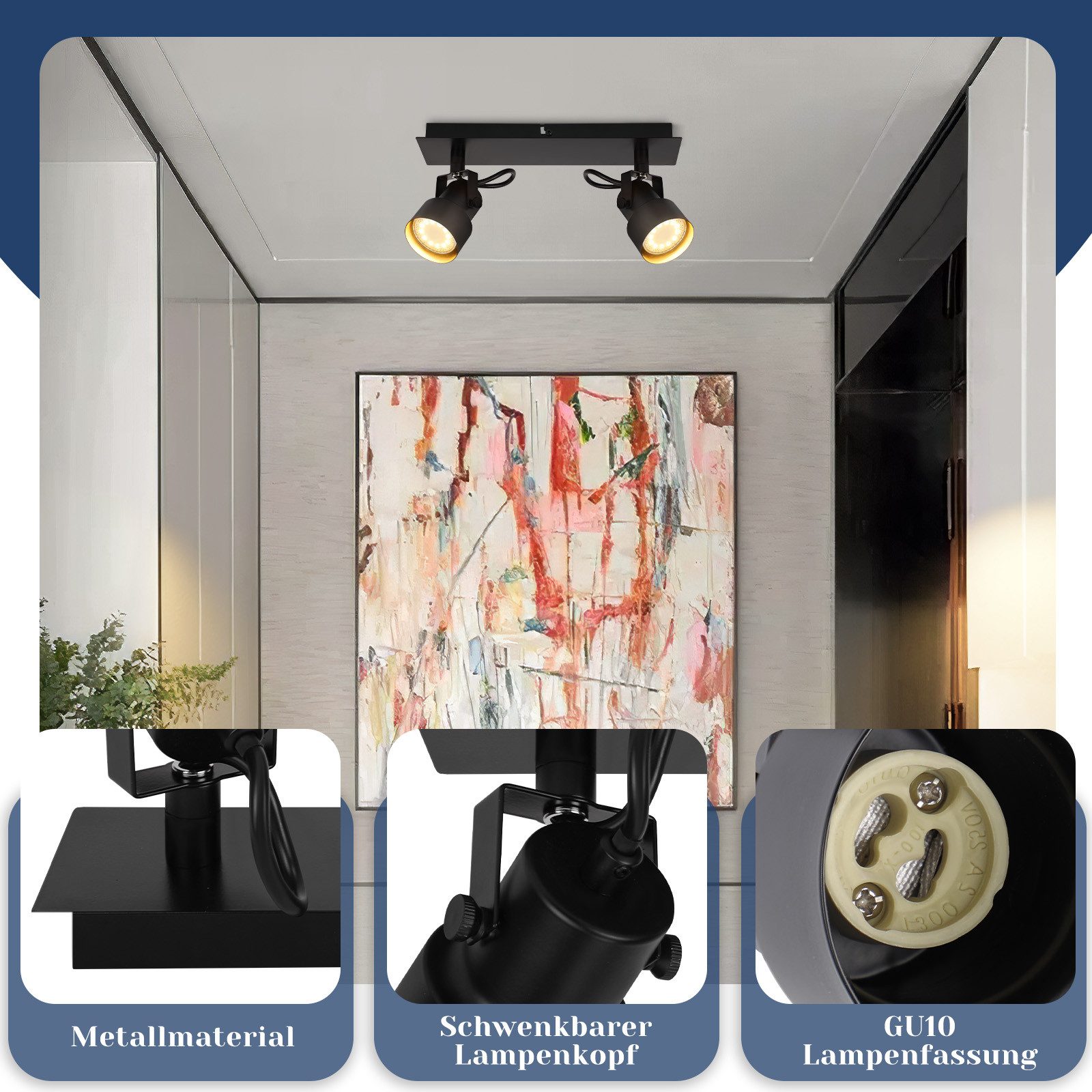 NETTLIFE sort loftspotlight vintage - loftslampe GU10 køkkenlampe med justerbare to flammer vintage 350°