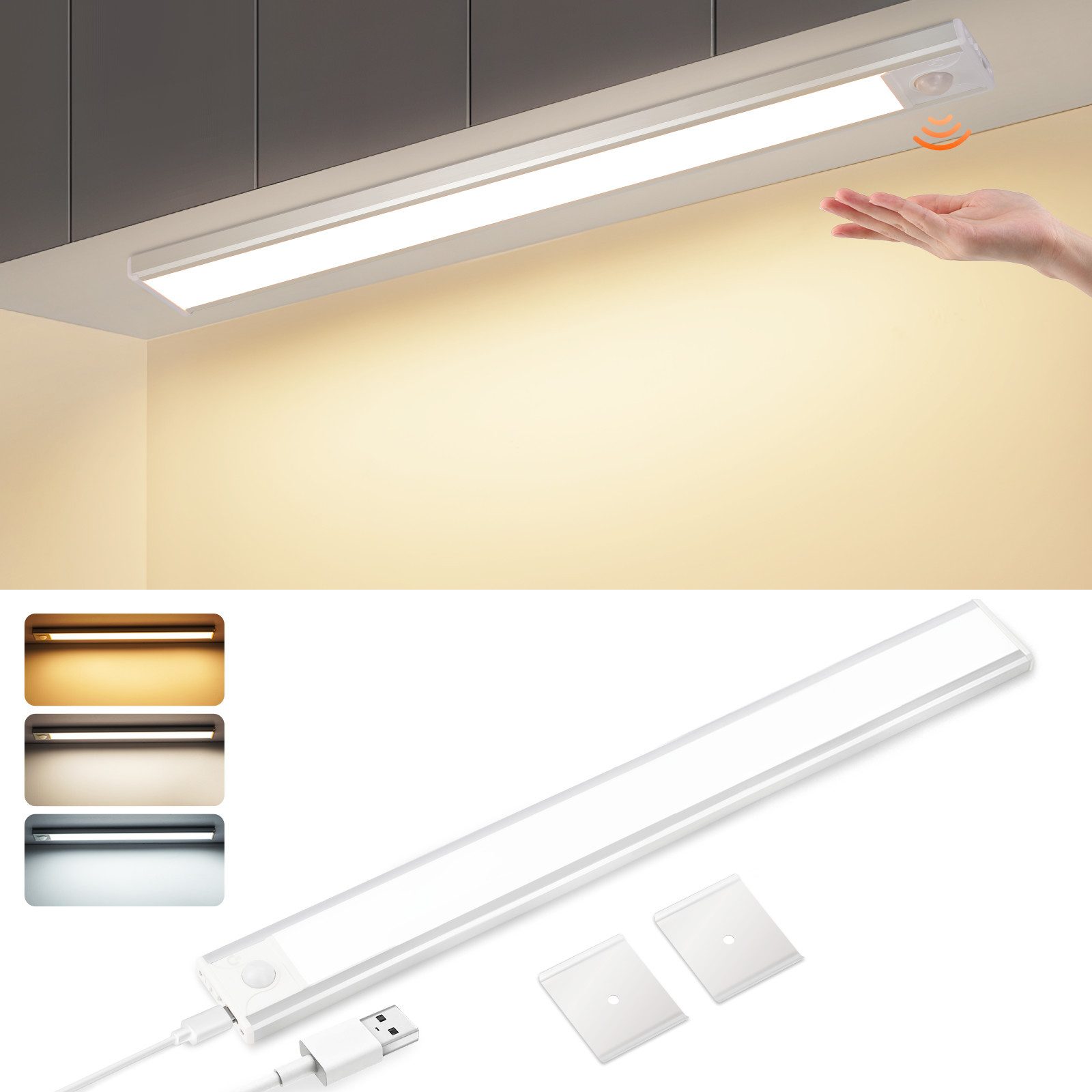 NETTLIFE LED-underskabslampe med bevægelsessensor, USB-genopladelig, 1500 mAh, ideel til garderobe, entré eller skab