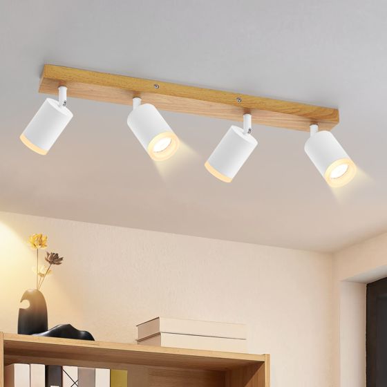 NETTLIFE loftspotlight med 4 lyskilder, hvid, træ, GU10, 350° justerbar vægspotlight, vintage stil, industriel, retro