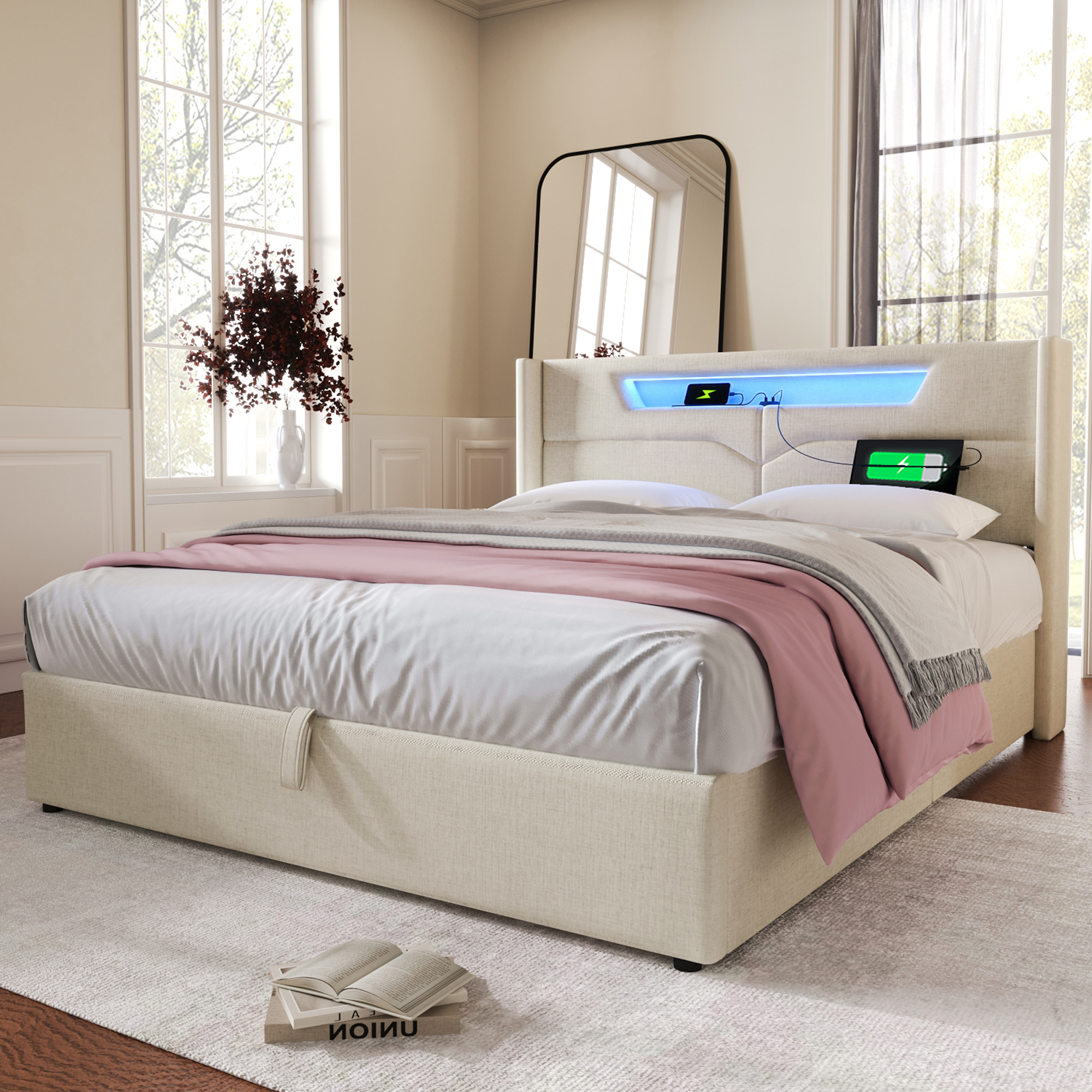 seng 160x200 cm beige i liinen justerbar med led-belysning og usb type c ladefunktion