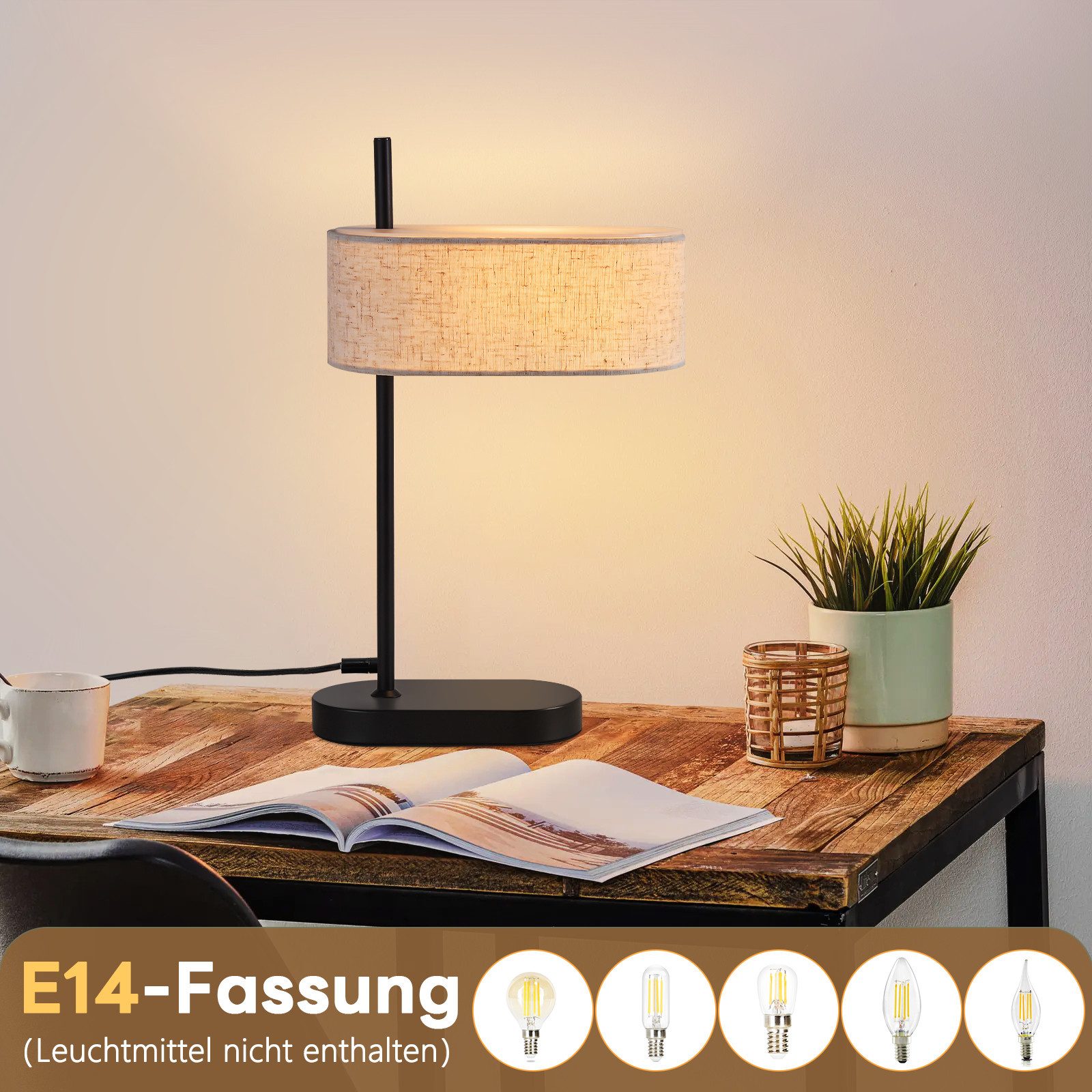 NETTLIFE Vintage - soveværelse, sengelampe, 44,5 cm, E14 sort, hørstofskærm Med afbryder, uden pære