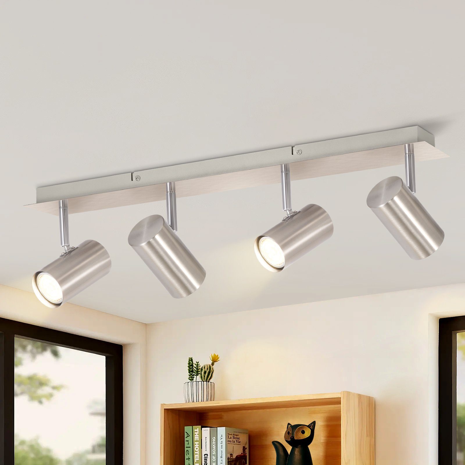 NETTLIFE 4 GU10 nikkelmetal loftspotlights, 330° drejelige, til stue, køkken, soveværelse, moderne entré, uden lampe