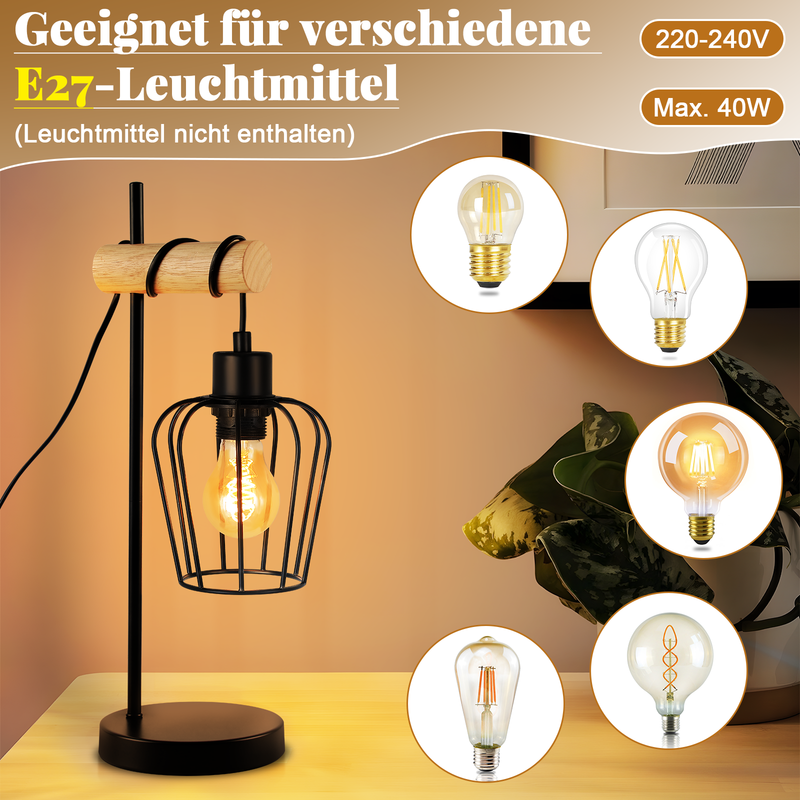 NETTLIFE bordlampe – sort vintage lampe i træ og metal, E27 (uden pære)