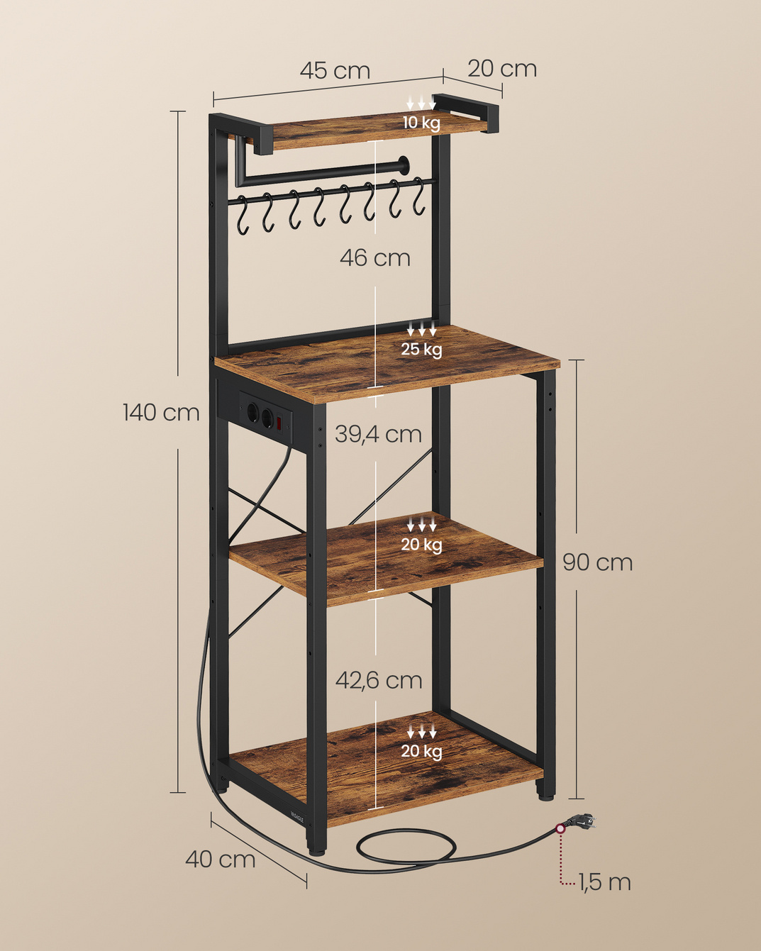 Vasagle køkkenreol, 4 niveauer, justerbar, 40 × 45 × 140 cm, KKS013