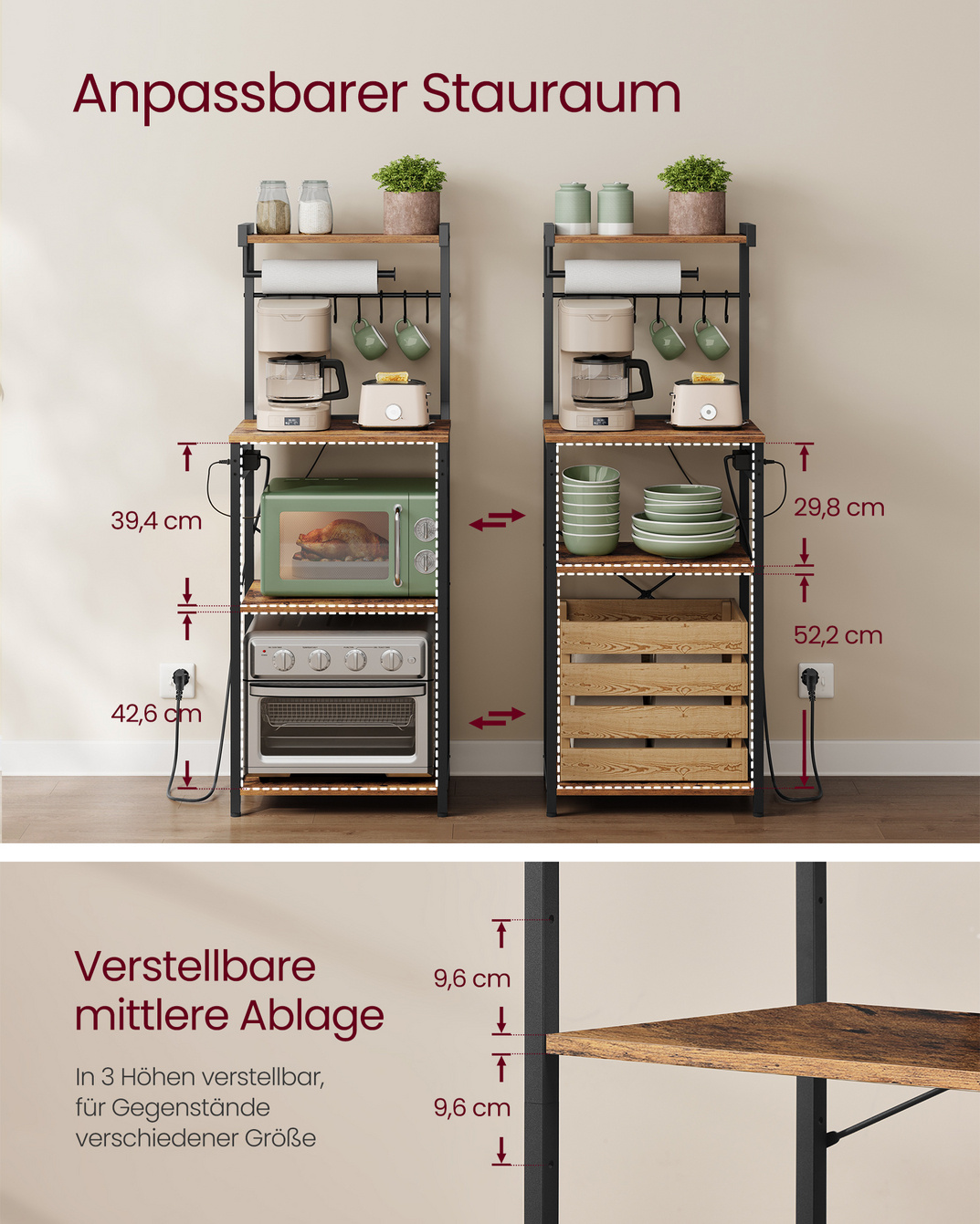 Vasagle køkkenreol, 4 niveauer, justerbar, 40 × 45 × 140 cm, KKS013