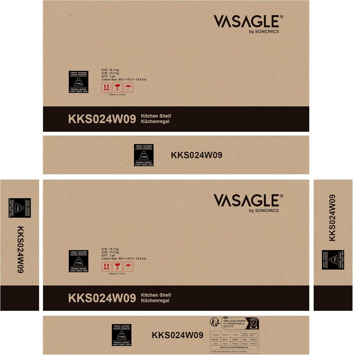 Vasagle køkkenreol, 6 hylder, 40 × 60 × 167 cm, KKS024