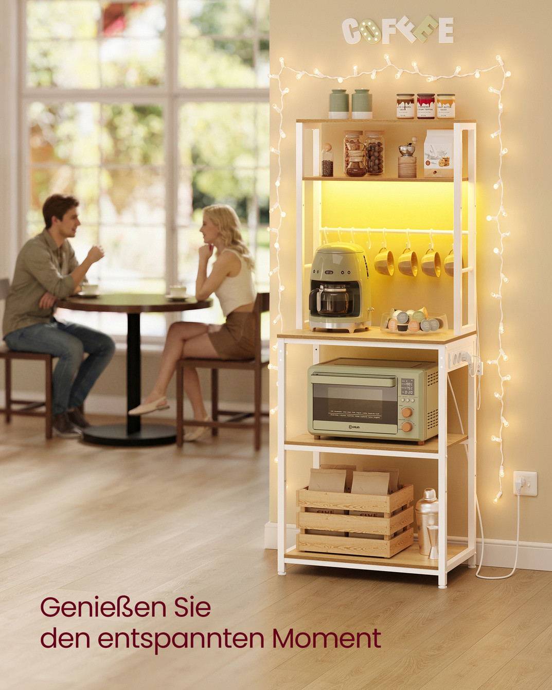 Vasagle køkkenreol, med stikdåse, med LED-belysning, justerbar, 40 × 60 × 168.4 cm, KKS049