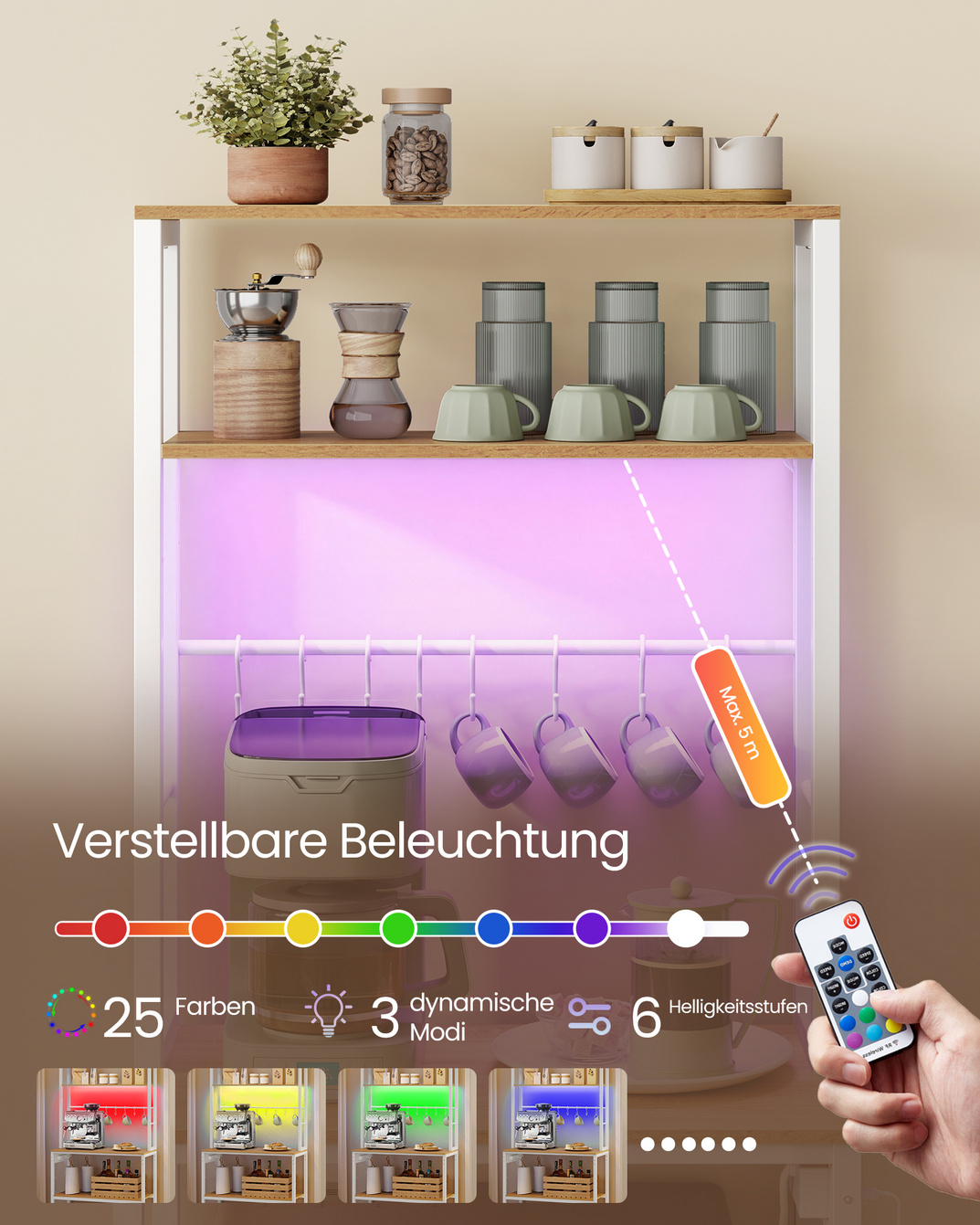 Vasagle køkkenreol, med stikdåse, med LED-belysning, justerbar, 40 × 60 × 168.4 cm, KKS049
