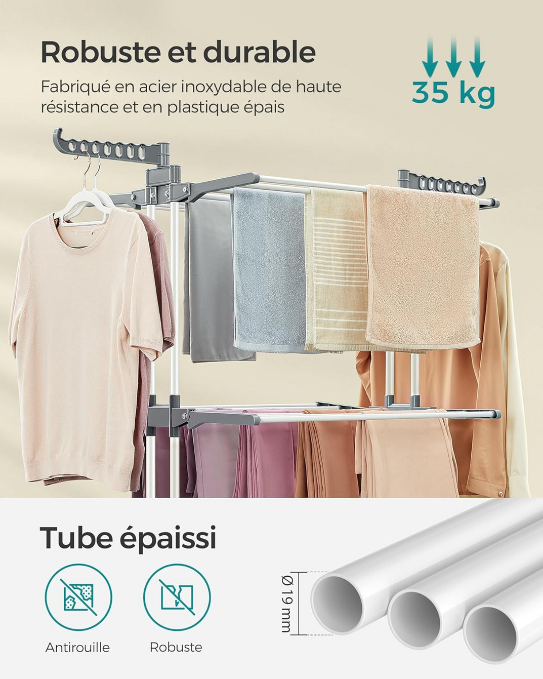 SONGMICS sammenklappeligt tørrestativ, med hjul, 63.5 × 128 × 173 cm, LLR701